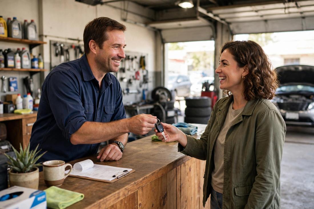 A shop owner smiling as he hands a customer her car keys across the service counter