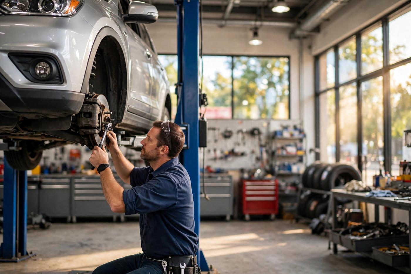 A mechanic working on the brakes of a car raised on a lift in a bright independent repair shop