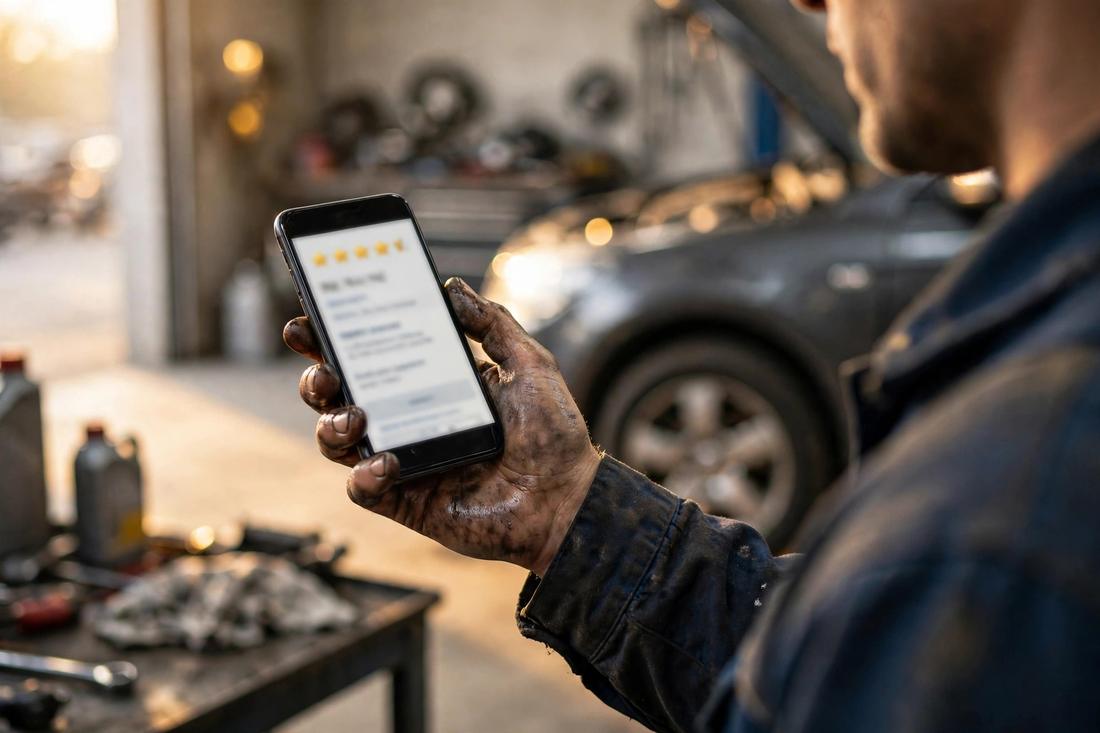 A mechanic with grease on his hands holding a phone showing a five-star review